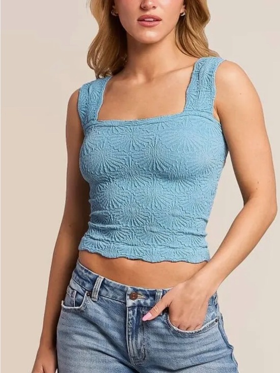 Free People Tops - Free People Textured Square-Neck Crop Tank in Light Blue